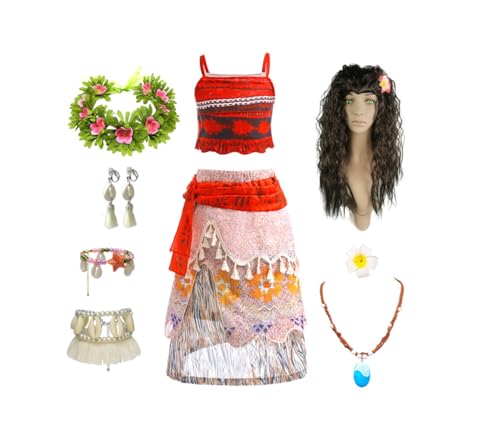 Kinder Mädchen Kleid Moana Kostüm Abenteuer Outfit Vaiana Cosplay Kleidung mit Stirnband, Perücke, Halskette und Ohrringe (Orange-D-1, 110cm) von Asnoxuzi