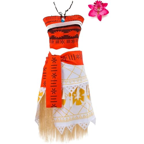 Kinder Mädchen Moana Abenteuer Outfit Cosplay Kleidung mit Kleid, Stirnband, Halskette und Perücke, Mehrfarbig (Orange 1, 110cm(3-4 Years)) von Asnoxuzi