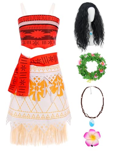 Kinder Mädchen Moana Abenteuer Outfit Cosplay Kleidung mit Kleid, Stirnband, Halskette und Perücke, Mehrfarbig (Orange 2, 110cm(3-4 Years)) von Asnoxuzi