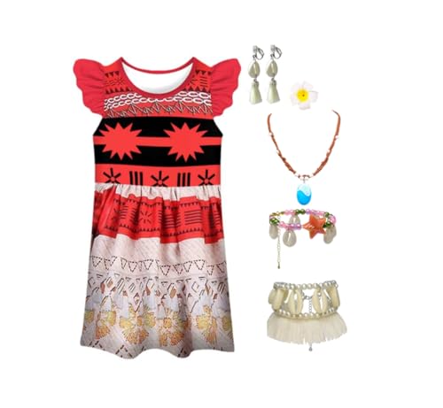 Kinder Mädchen Moana Abenteuer Outfit Cosplay Kleidung mit Kleid, Stirnband, Halskette und Perücke, Mehrfarbig (Red 1, 110cm(3-4 Years)) von Asnoxuzi