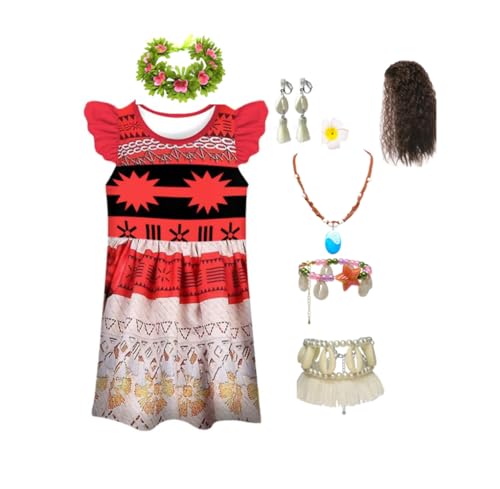 Kinder Mädchen Moana Abenteuer Outfit Cosplay Kleidung mit Kleid, Stirnband, Halskette und Perücke, Mehrfarbig (Red 2, 130cm(5-6 Years)) von Asnoxuzi