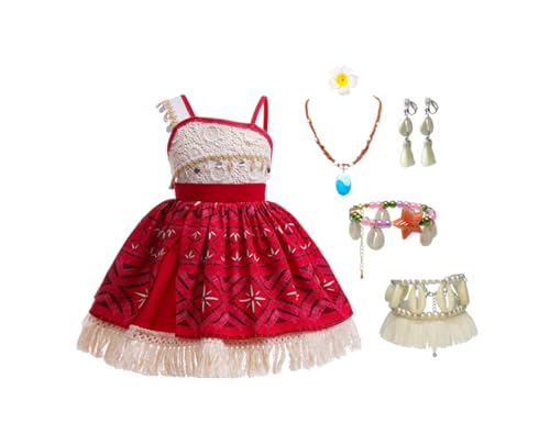 Kinder Moana Kostüm Mädchen Abenteuer Thema Cosplay Prinzessin Kleid Geburtstag Weihnachten Fancy Outfit (Rot 1, 100cm) von Asnoxuzi