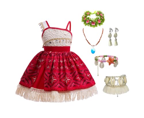 Kinder Moana Kostüm Mädchen Abenteuer Thema Cosplay Prinzessin Kleid Geburtstag Weihnachten Fancy Outfit (Rot 2, 100cm) von Asnoxuzi