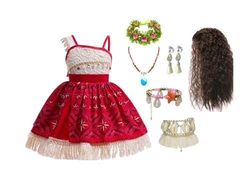 Kinder Moana Kostüm Mädchen Abenteuer Thema Cosplay Prinzessin Kleid Geburtstag Weihnachten Fancy Outfit (Rot 3, 100cm) von Asnoxuzi