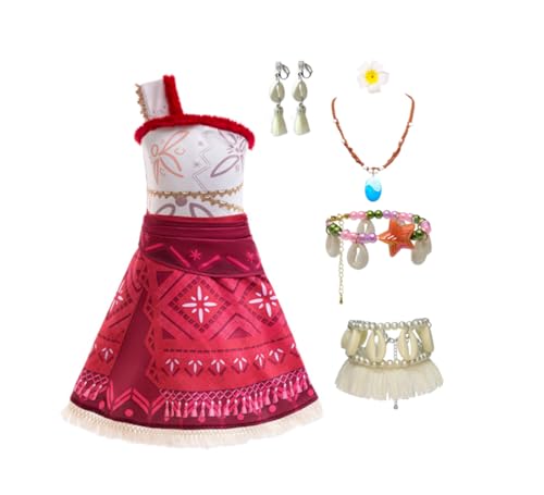 Mädchen Moana Kostüm Fancy Dress Up Prinzessin Party Kleid Mädchen Abenteuer Outfit Kleidung Kinder Geburtstag Urlaub Halloween Cosplay Fancy Clothing Set (Rot 1, 110cm) von Asnoxuzi