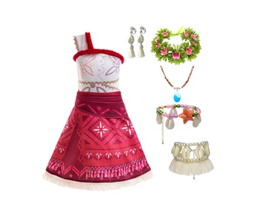 Mädchen Moana Kostüm Fancy Dress Up Prinzessin Party Kleid Mädchen Abenteuer Outfit Kleidung Kinder Geburtstag Urlaub Halloween Cosplay Fancy Clothing Set (Rot 2, 110cm) von Asnoxuzi