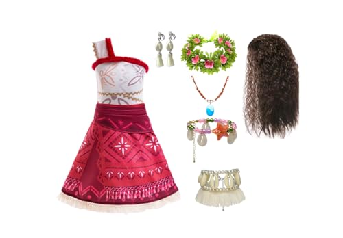 Mädchen Moana Kostüm Fancy Dress Up Prinzessin Party Kleid Mädchen Abenteuer Outfit Kleidung Kinder Geburtstag Urlaub Halloween Cosplay Fancy Clothing Set (Rot 3, 110cm) von Asnoxuzi