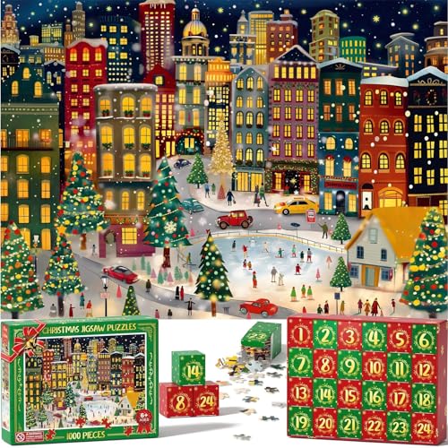 Asoulin Puzzle Adventskalender 2024 Erwachsene Kinder, 1000 Teile Puzzle für Erwachsene Weihnachten Adventskalender, 24 Tage Weihnachten Countdown Puzzles Urlaub Familienspiel Geschenke für Teenager von Asoulin