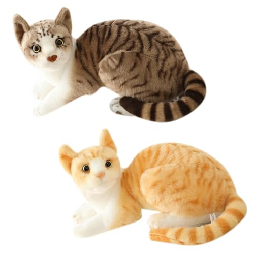 2 Stück Katze Kuscheltier,Kawaii Katze Kuscheltier GefüLlte Puppe,Simulations Katzen Puppe,Weiche PlüSch Katze Stofftierpuppe,SüßEs Katzen PlüSchkissen,Liegende getigerte Katze+orangefarbene Katze von Asudaro