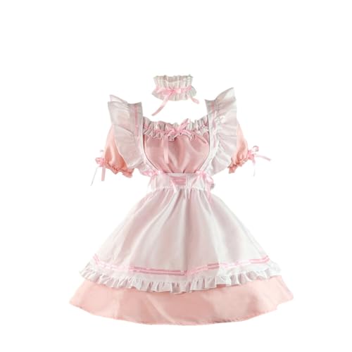 Anime Maid Kleid Uniform Vintage Französisch Maid Kleid Sweet Kawaii Fancy French Apron Maid Clothing für Frauen Studenten Rollenspiel Party Cosplay Spiel und Halloween Performance Pfirsichfarbe weiß von Asudaro