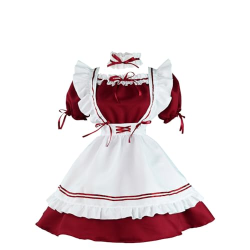 Anime Maid Kleid Uniform Vintage Französisch Maid Kleid Sweet Kawaii Fancy French Apron Maid Clothing für Frauen Studenten Rollenspiel Party Cosplay Spiel und Halloween Performance Weinrot von Asudaro