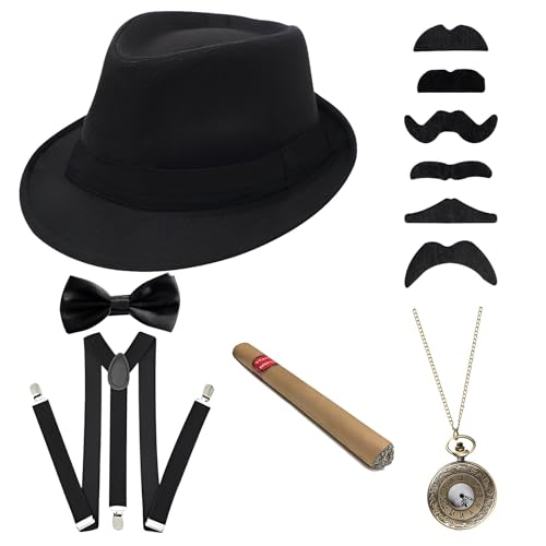 Asudaro 1920 Herren Gatsby Accessoires Mode der 20er Jahre, Hosenträger, Fliege, Taschenuhr, Papierzigarre,Outfit-Accessoires der 20er Jahre für Männer, Gentlemen-Bälle, Partys und Auftritte von Asudaro