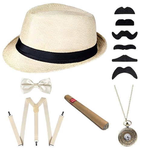 Asudaro 1920 Herren Gatsby Accessoires Mode der 20er Jahre, Hosenträger, Fliege, Taschenuhr, Papierzigarre,Outfit-Accessoires der 20er Jahre für Männer, Gentlemen-Bälle, Partys und Auftritte von Asudaro