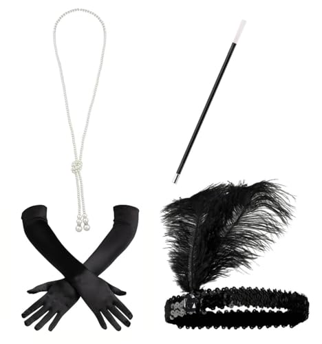 Asudaro 1920er Accessoires Damen Frauen Karneval Fasching, 20s Kostüm Damen mit Stirnband Halskette Zigarettenspitze,Handschuh,Kostüm Damen Flapper Accessoires Set,für Frauen Bälle Bar Party von Asudaro