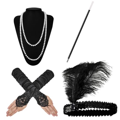 Asudaro 1920er Accessoires Damen Frauen Karneval Fasching, 20s Kostüm Damen mit Stirnband Halskette Zigarettenspitze,Handschuh,Kostüm Damen Flapper Accessoires Set,für Frauen Bälle Bar Party von Asudaro