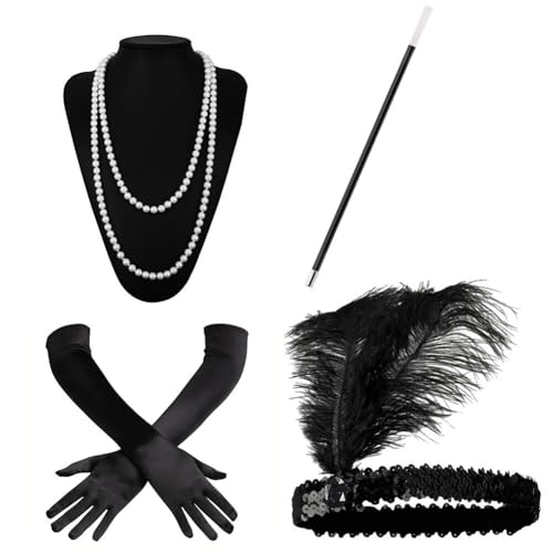 Asudaro 1920er Accessoires Damen Frauen Karneval Fasching, 20s Kostüm Damen mit Stirnband Halskette Zigarettenspitze,Handschuh,Kostüm Damen Flapper Accessoires Set,für Frauen Bälle Bar Party von Asudaro