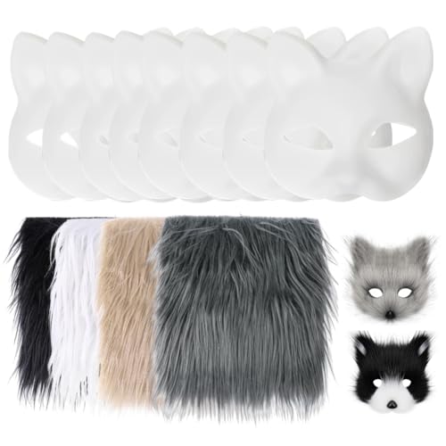 Asudaro 8 Stück Leere Maske Cosplay Party Maske DIY Blank Fuchs Katzenmasken Weiß Papiermaske Masken zum Bemalen mit 4 Weich Kunstpelz Stoff Quadratisch Maskerade Partys Kostümzubehör von Asudaro