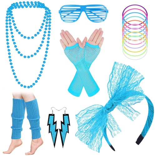 Asudaro 80er-Jahre-Retro-Party Mottoparty, Brille Stirnband Armband Ohrring Halskette Wadenwärmer Handschuhzubehör,80er Jahre Kostüm Mottoparty Outfit Damen Accessoires Set 7 STK von Asudaro