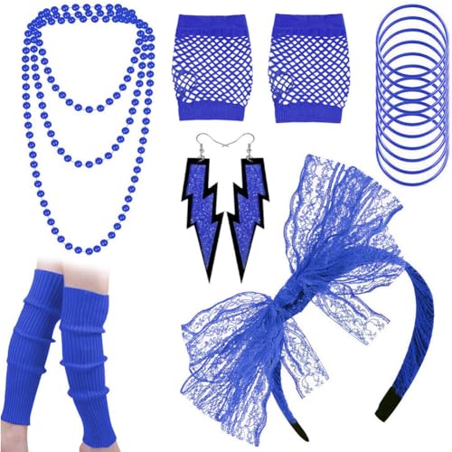 Asudaro 80er Jahre Retro Party Set, Spitze Stirnband Ohrringe Halskette Fischnetz Handschuhe Armband,für Frauen Bälle Bar Maskerade Party,Retro-Kleidungszubehör von Asudaro