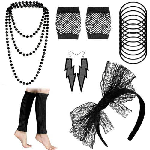 Asudaro 80er Jahre Retro Party Set, Spitze Stirnband Ohrringe Halskette Fischnetz Handschuhe Armband,für Frauen Bälle Bar Maskerade Party,Retro-Kleidungszubehör von Asudaro