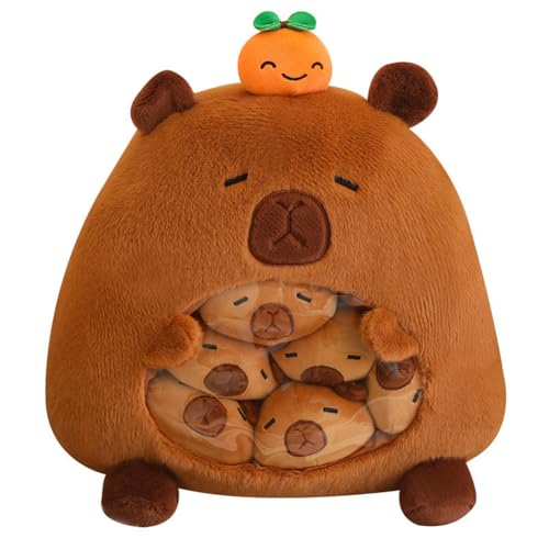 Asudaro Cartoon-Snackbeutel-Kissenpuppe,Süßes Dekokissen Gefülltes Capybara-Spielzeug Kawaii Capybara-Plüschtier Abnehmbar Flauschig Kreative Geschenke Kommt mit 6 kleinen Capybara-/Hai-Figuren von Asudaro