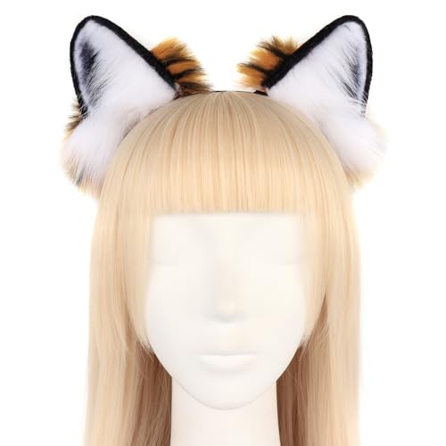 Asudaro Cosplay Flauschiger Ohren und Schwanz, Kunstpelz Plüsch Anime Tier Wolf Ohren Kopfschmuck Schwanz Set für Halloween Festival Weihnachten Tiger Cosplay Kostüm Zubehör Typ 1 von Asudaro