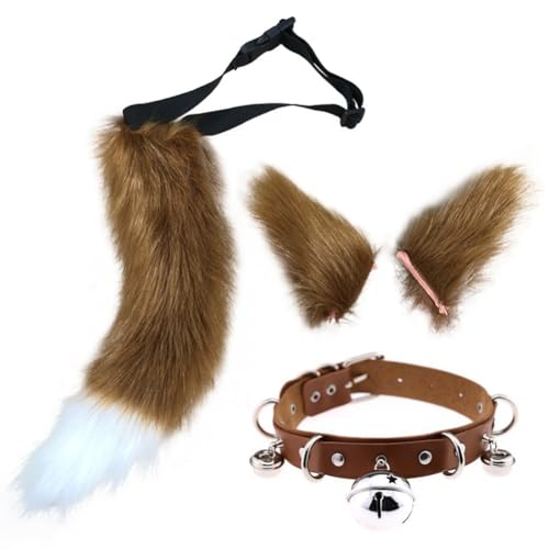 Asudaro Cosplay Tierohren Schwanz Set Ohren Schwanz Kostüm Handgefertigtes Ohren Halloween Kostüm Cosplay Kopf Halloween Kostüm Faschingskostüme Zubehör für Fasching Cosplay Party Braun von Asudaro