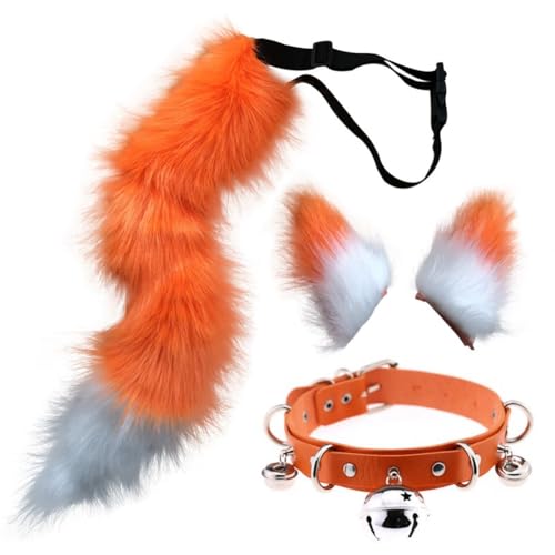 Asudaro Cosplay Tierohren Schwanz Set Ohren Schwanz Kostüm Handgefertigtes Ohren Halloween Kostüm Cosplay Kopf Halloween Kostüm Faschingskostüme Zubehör für Fasching Cosplay Party Orange von Asudaro