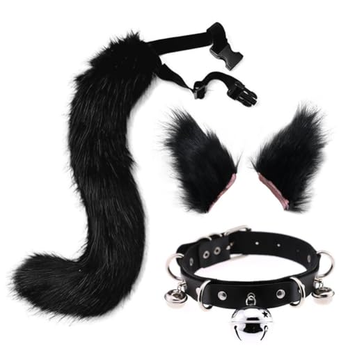 Asudaro Cosplay Tierohren Schwanz Set Ohren Schwanz Kostüm Handgefertigtes Ohren Halloween Kostüm Cosplay Kopf Halloween Kostüm Faschingskostüme Zubehör für Fasching Cosplay Party Schwarz von Asudaro