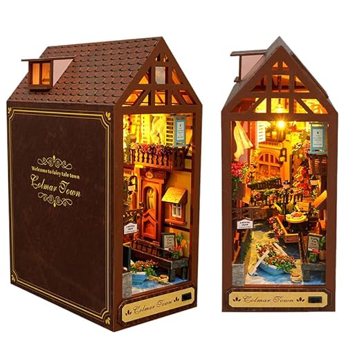 Asudaro DIY-BüCherecken-BausäTze, DIY Book Nook Kit,Buch Ecke Miniatur Kit für Erwachsene Teens, 3D Holzpuzzle Bücherecke Bücherregaleinsatz mit Licht,Bibliothek für Kreatives Geschenk(Stadt Colmar) von Asudaro