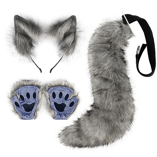 Asudaro Faschingskostüm,Cosplay Set und Schwanzset -Kostüm-Set Ohren, Stirnband und Schwanzkragen, Pfoten, Halsband, Cosplay-Halloween-Kostüm für Halloween Fasching Karneval Party Dunkelgrau von Asudaro