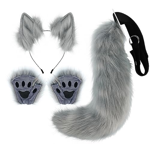 Asudaro Faschingskostüm,Cosplay Set und Schwanzset -Kostüm-Set Ohren, Stirnband und Schwanzkragen, Pfoten, Halsband, Cosplay-Halloween-Kostüm für Halloween Fasching Karneval Party Grau von Asudaro