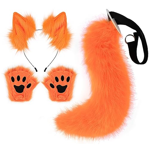 Asudaro Faschingskostüm,Cosplay Set und Schwanzset -Kostüm-Set Ohren, Stirnband und Schwanzkragen, Pfoten, Halsband, Cosplay-Halloween-Kostüm für Halloween Fasching Karneval Party Orange von Asudaro