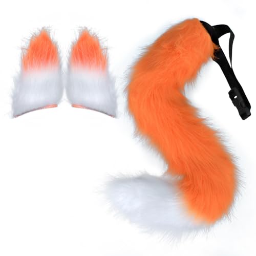 Asudaro Faschingskostüm,Cosplay Set und Schwanzset -Kostüm-Set Ohren, Stirnband und Schwanzkragen, Pfoten, Halsband, Cosplay-Halloween-Kostüm für Halloween Fasching Karneval Party Orangeweiß von Asudaro