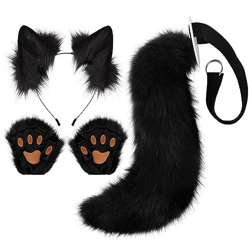 Asudaro Faschingskostüm,Cosplay Set und Schwanzset -Kostüm-Set Ohren, Stirnband und Schwanzkragen, Pfoten, Halsband, Cosplay-Halloween-Kostüm für Halloween Fasching Karneval Party Schwarz von Asudaro