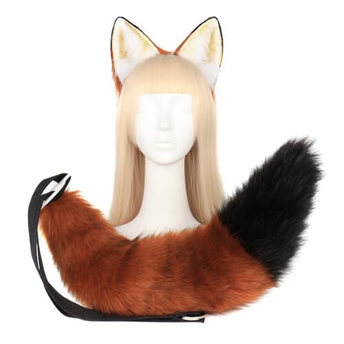 Asudaro Fox Cosplay Fuchsohren Cosplay Set Fuchs Ohren Tierohren Schwanz Set Handgefertigtes Fuchs Ohren Kopf Zubehör Fuchsohren Cosplay Kostüm Party Zubehör Weihnachtsfeier Braun-Schwarz Schwanz von Asudaro