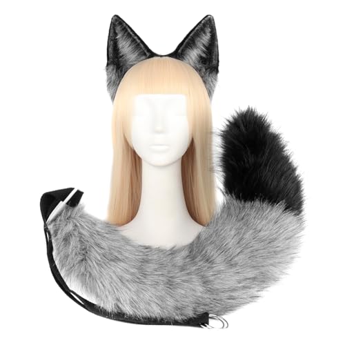 Asudaro Fox Cosplay Fuchsohren Cosplay Set Fuchs Ohren Tierohren Schwanz Set Handgefertigtes Fuchs Ohren Kopf Zubehör Fuchsohren Cosplay Kostüm Party Zubehör Weihnachtsfeier Grau-Schwarz Anzug von Asudaro