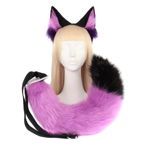 Asudaro Fox Cosplay Fuchsohren Cosplay Set Fuchs Ohren Tierohren Schwanz Set Handgefertigtes Fuchs Ohren Kopf Zubehör Fuchsohren Cosplay Kostüm Party Zubehör Weihnachtsfeier Lila-Schwarz Anzug von Asudaro