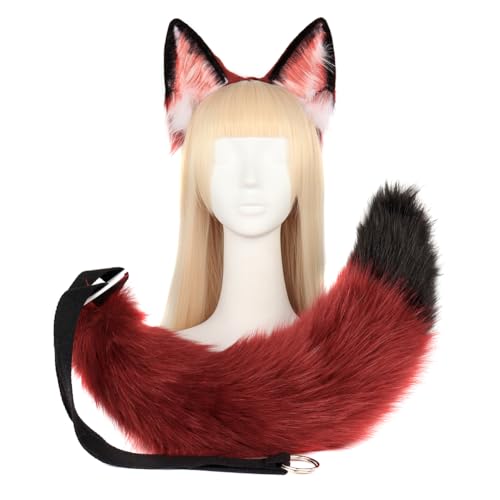 Asudaro Fox Cosplay Fuchsohren Cosplay Set Fuchs Ohren Tierohren Schwanz Set Handgefertigtes Fuchs Ohren Kopf Zubehör Fuchsohren Cosplay Kostüm Party Zubehör Weihnachtsfeier Rot-Schwarz Anzug von Asudaro