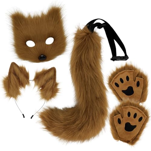 Asudaro Fuchs Cosplay, Pelzige Fuchs Maske,Maske und Schwanz mit Fox Paws Realistische personalisierte Karneval Halloween Party Cosplay Kostüm Set für Maskerade Halloween Theme Party braun von Asudaro