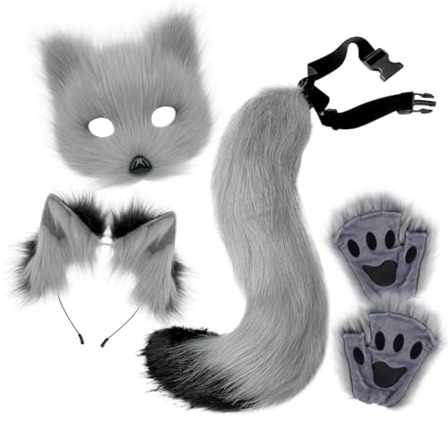 Asudaro Fuchs Cosplay, Pelzige Fuchs Maske,Maske und Schwanz mit Fox Paws Realistische personalisierte Karneval Halloween Party Cosplay Kostüm Set für Maskerade Halloween Theme Party dunkelgrau von Asudaro