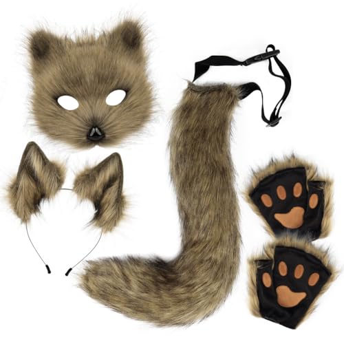 Asudaro Fuchs Cosplay, Pelzige Fuchs Maske,Maske und Schwanz mit Fox Paws Realistische personalisierte Karneval Halloween Party Cosplay Kostüm Set für Maskerade Halloween Theme Party grasgelb von Asudaro