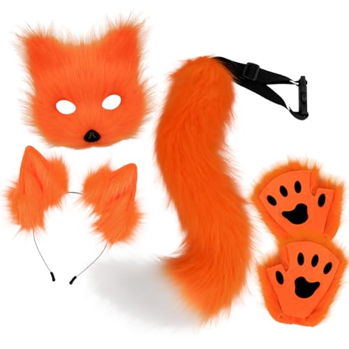 Asudaro Fuchs Cosplay, Pelzige Fuchs Maske,Maske und Schwanz mit Fox Paws Realistische personalisierte Karneval Halloween Party Cosplay Kostüm Set für Maskerade Halloween Theme Party orange von Asudaro