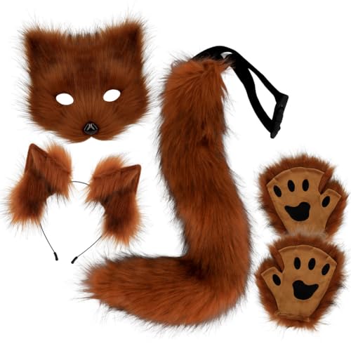 Asudaro Fuchs Cosplay, Pelzige Fuchs Maske,Maske und Schwanz mit Fox Paws Realistische personalisierte Karneval Halloween Party Cosplay Kostüm Set für Maskerade Halloween Theme Party rotbraun von Asudaro