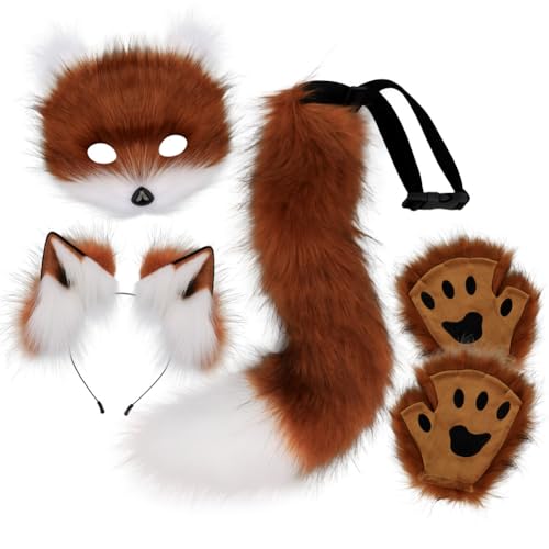 Asudaro Fuchs Cosplay, Pelzige Fuchs Maske,Maske und Schwanz mit Fox Paws Realistische personalisierte Karneval Halloween Party Cosplay Kostüm Set für Maskerade Halloween Theme Party rotbraun weiß von Asudaro