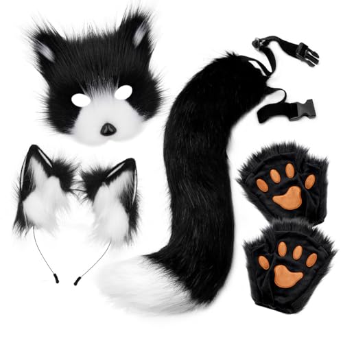 Asudaro Fuchs Cosplay, Pelzige Fuchs Maske,Maske und Schwanz mit Fox Paws Realistische personalisierte Karneval Halloween Party Cosplay Kostüm Set für Maskerade Halloween Theme Party schwarz und weiß von Asudaro