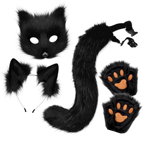 Asudaro Fuchs Cosplay, Pelzige Fuchs Maske,Maske und Schwanz mit Fox Paws Realistische personalisierte Karneval Halloween Party Cosplay Kostüm Set für Maskerade Halloween Theme Party schwarz von Asudaro