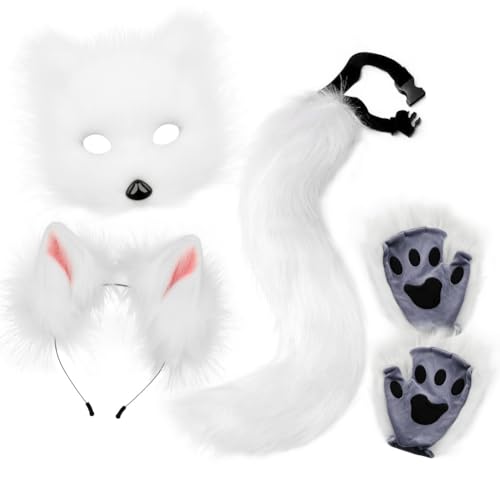 Asudaro Fuchs Cosplay, Pelzige Fuchs Maske,Maske und Schwanz mit Fox Paws Realistische personalisierte Karneval Halloween Party Cosplay Kostüm Set für Maskerade Halloween Theme Party weiß von Asudaro