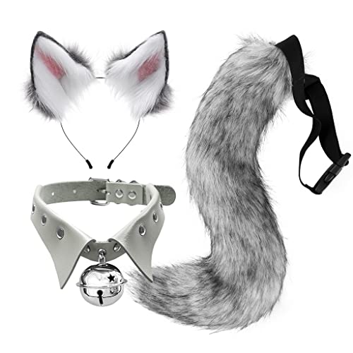 Asudaro Fuchs-Cosplay Haarband mit Glöckchen, Fuchsohren, Stirnband, Fuchs,Kragen Glocke Schwanz, Ohren, Fuchs-Cosplay-Kostüm für Karneval, Halloween, Weihnachtsfeier Kostüm Dunkelgrau von Asudaro