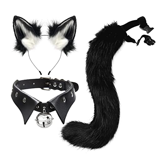 Asudaro Fuchs-Cosplay Haarband mit Glöckchen, Fuchsohren, Stirnband, Fuchs,Kragen Glocke Schwanz, Ohren, Fuchs-Cosplay-Kostüm für Karneval, Halloween, Weihnachtsfeier Kostüm Schwarz von Asudaro